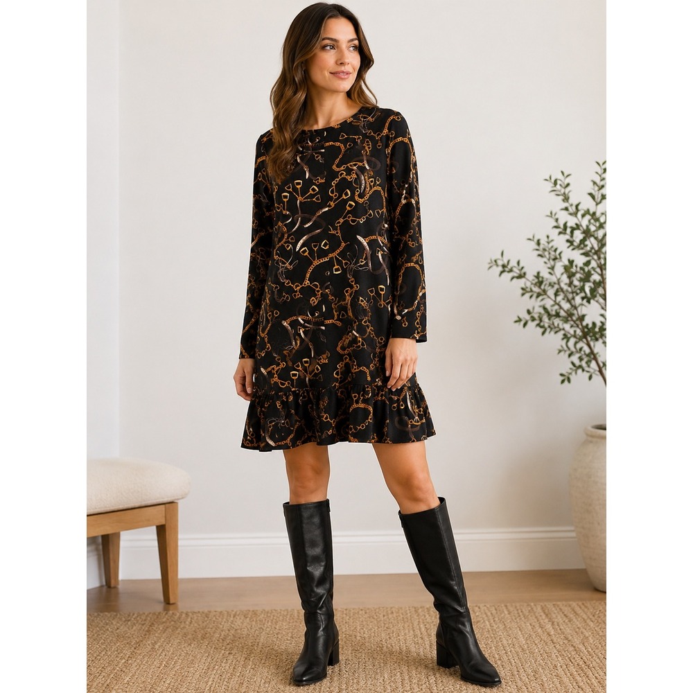 Zara‎ Basic Equestrian Chain Print Dress Sm Quiet Luxury Old Money Ruffle Hem